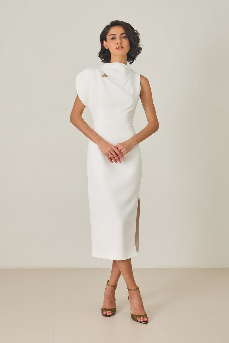 Setre One Shoulder Detailed Full Cut Midi Length Dress Ecru