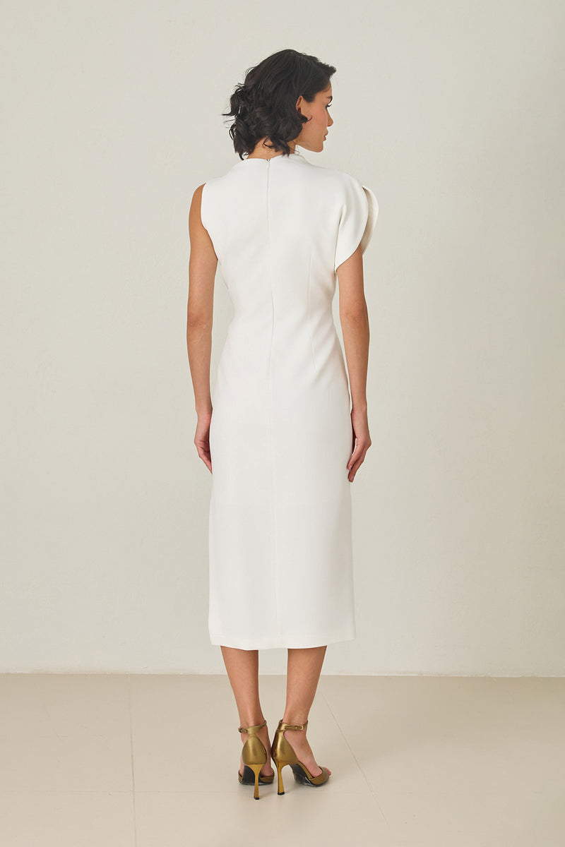 Setre One Shoulder Detailed Full Cut Midi Length Dress Ecru