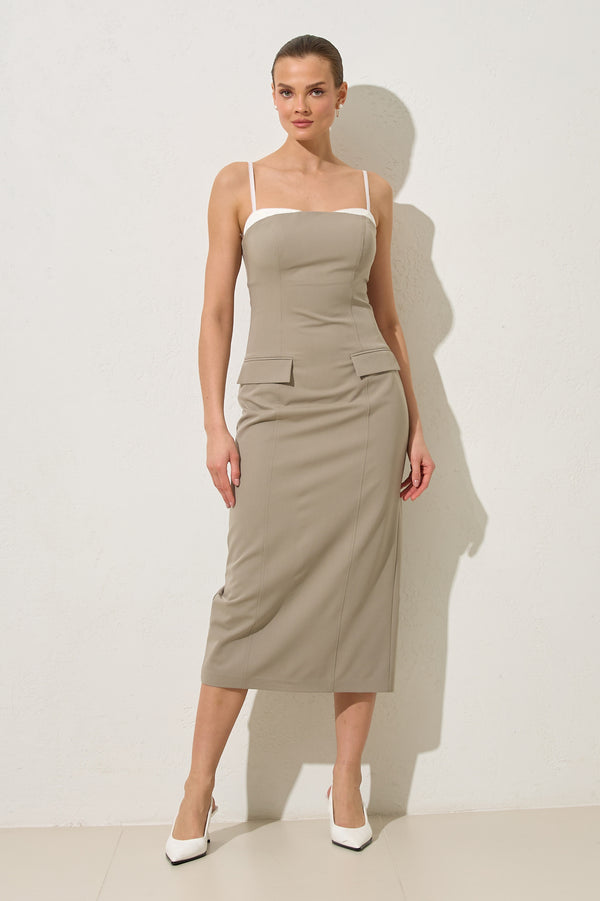 Setre Thin Strap Collar And Pocket Detailed Midi Dress Olive
