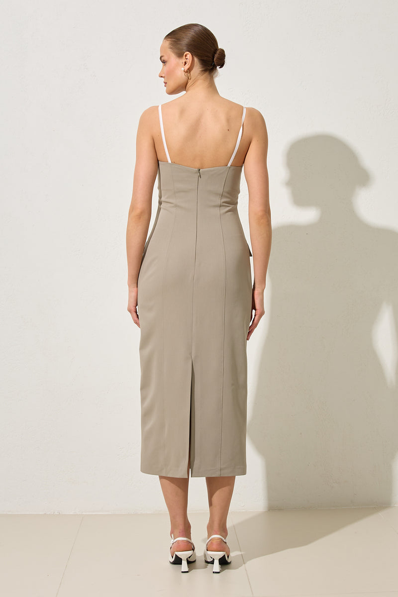 Setre Thin Strap Collar And Pocket Detailed Midi Dress Olive