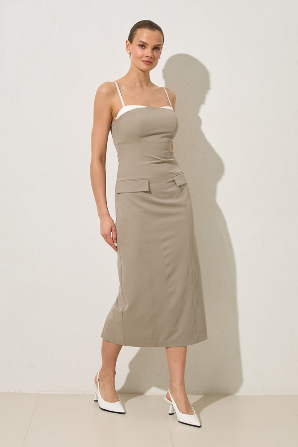Setre Thin Strap Collar And Pocket Detailed Midi Dress Olive
