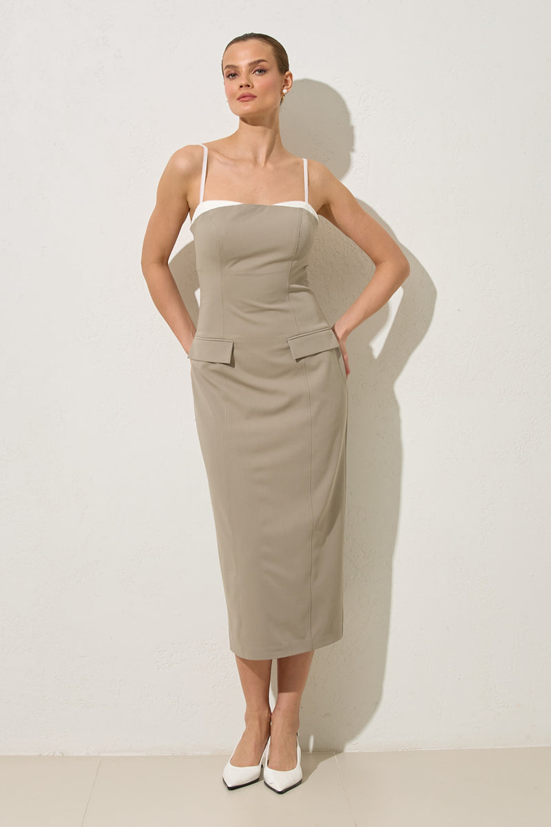 Setre Thin Strap Collar And Pocket Detailed Midi Dress Olive
