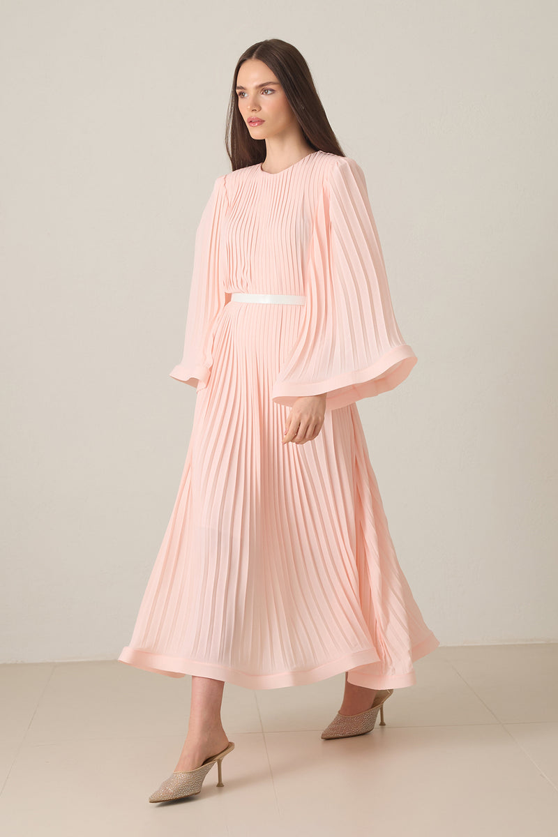Setre Waist Belt And Pleat Detailed Midi Length Dress Powder Pink