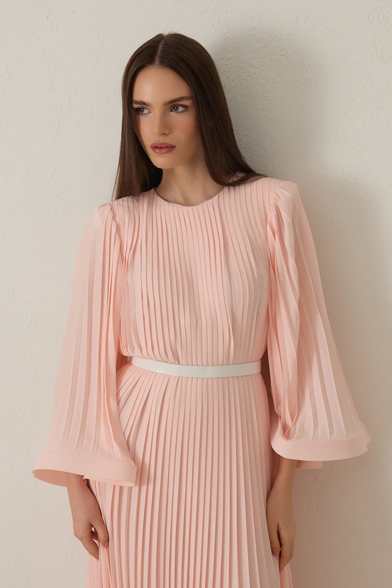 Setre Waist Belt And Pleat Detailed Midi Length Dress Powder Pink