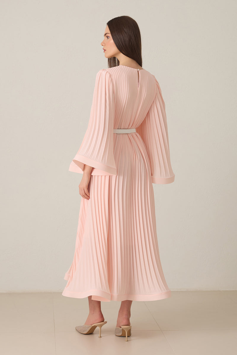 Setre Waist Belt And Pleat Detailed Midi Length Dress Powder Pink