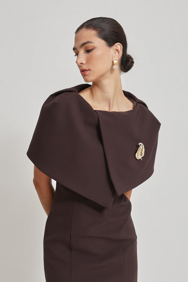 Setre Collar Detailed Full Cut Midi Length Dress Coffee Brown