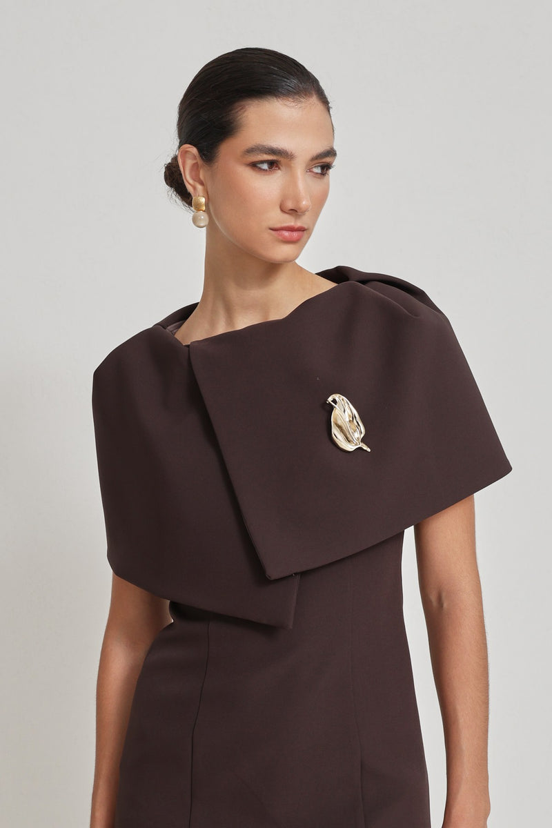 Setre Collar Detailed Full Cut Midi Length Dress Coffee Brown