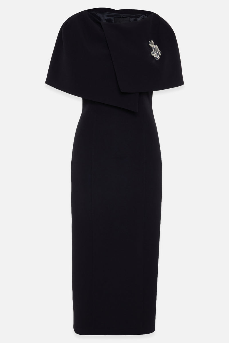 Setre Collar Detailed Full Cut Midi Length Dress Black