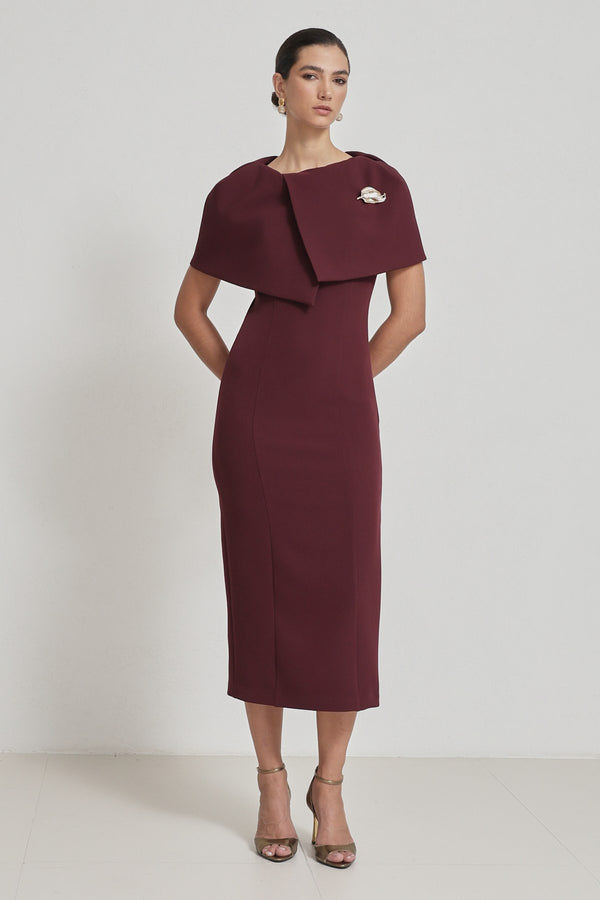 Setre Collar Detailed Full Cut Midi Length Dress Burgundy