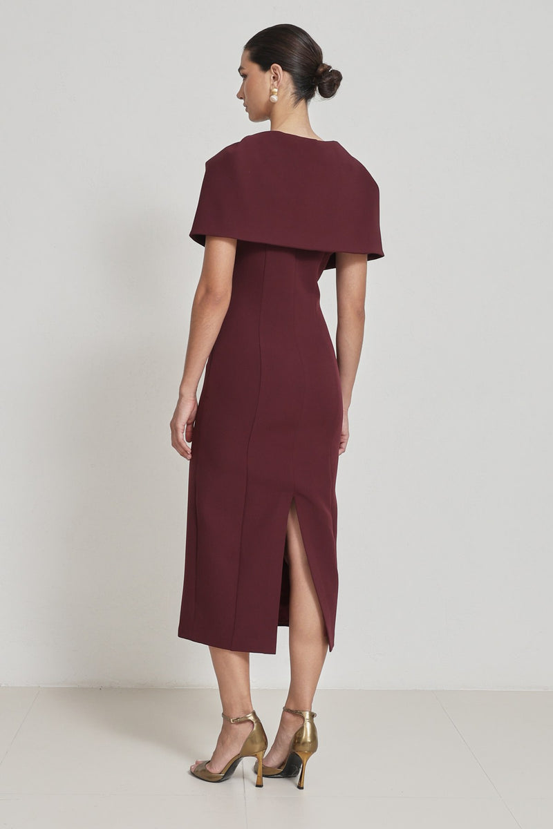 Setre Collar Detailed Full Cut Midi Length Dress Burgundy