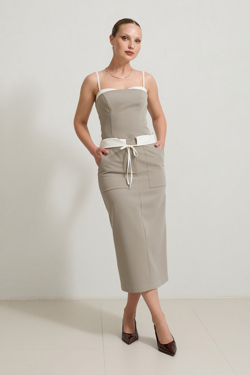 Setre Tie And Pocket Detailed Midi Skirt Olive