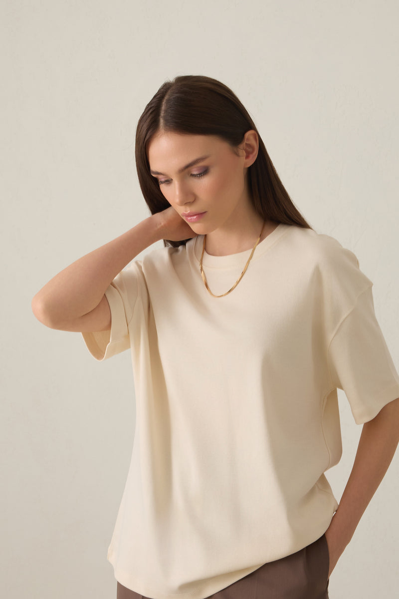 Setre Cotton Basic Short Sleeve Oversize T-Shirt Cream