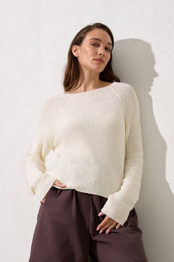 Setre Wide Neck Relaxed Cut Knit Blouse Ecru