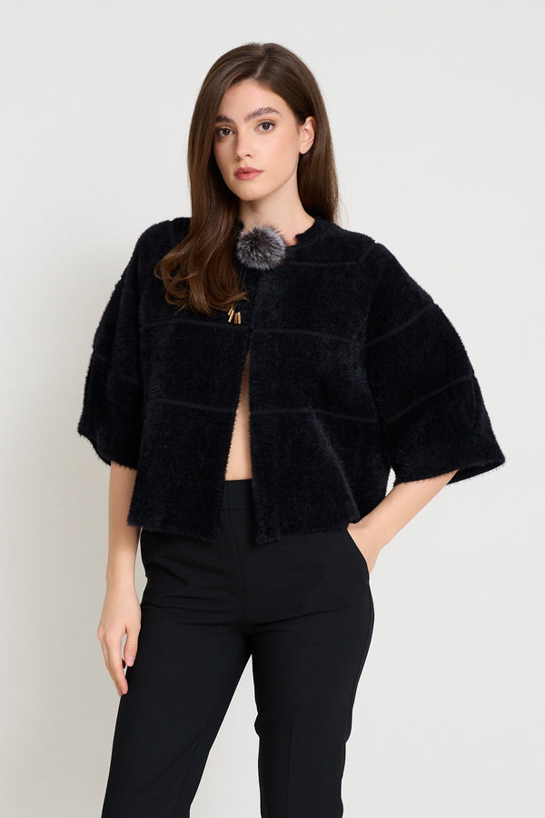 Setre Fur Detailed Short Knitwear Jacket Black