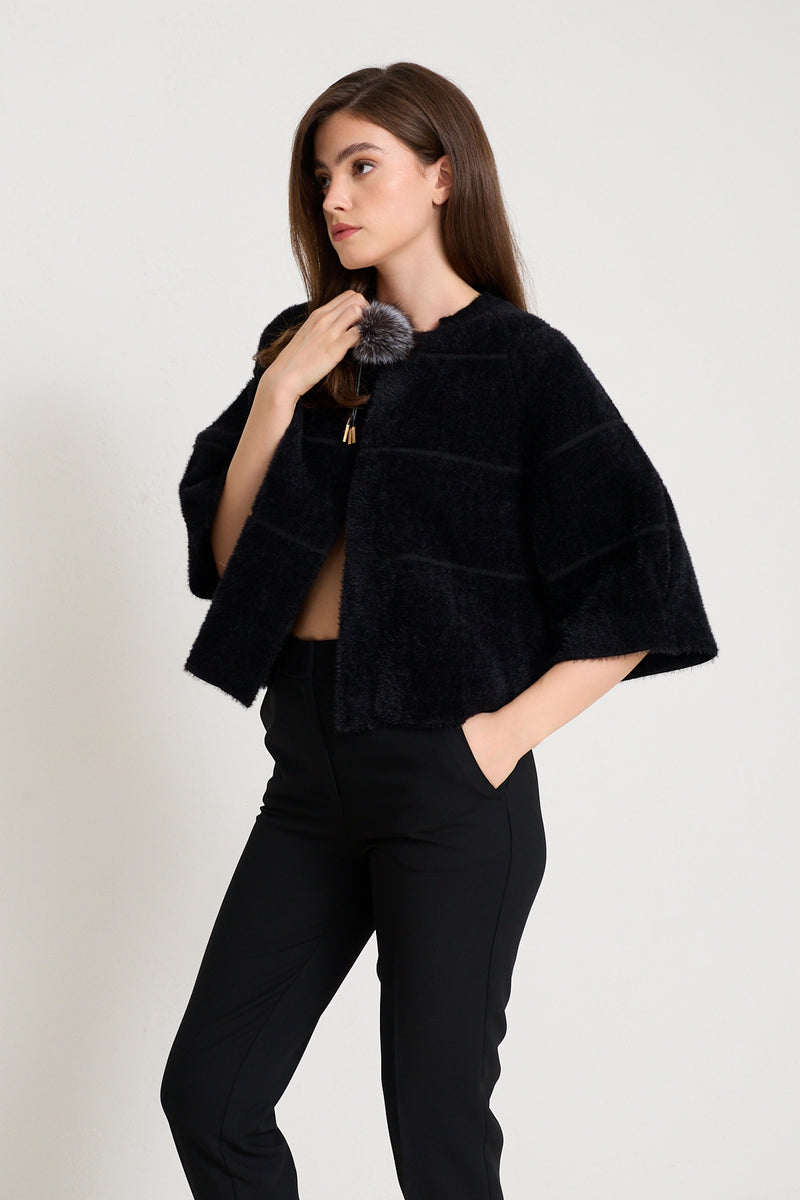 Setre Fur Detailed Short Knitwear Jacket Black