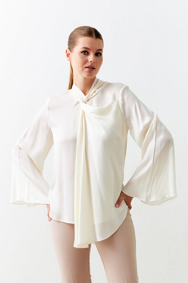 Setre Asymmetrical Neck Detailed Long Sleeve Blouse Ecru