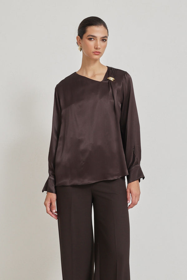 Setre Collar Accessory Detailed Relaxed Cut Blouse Chocolate Brown