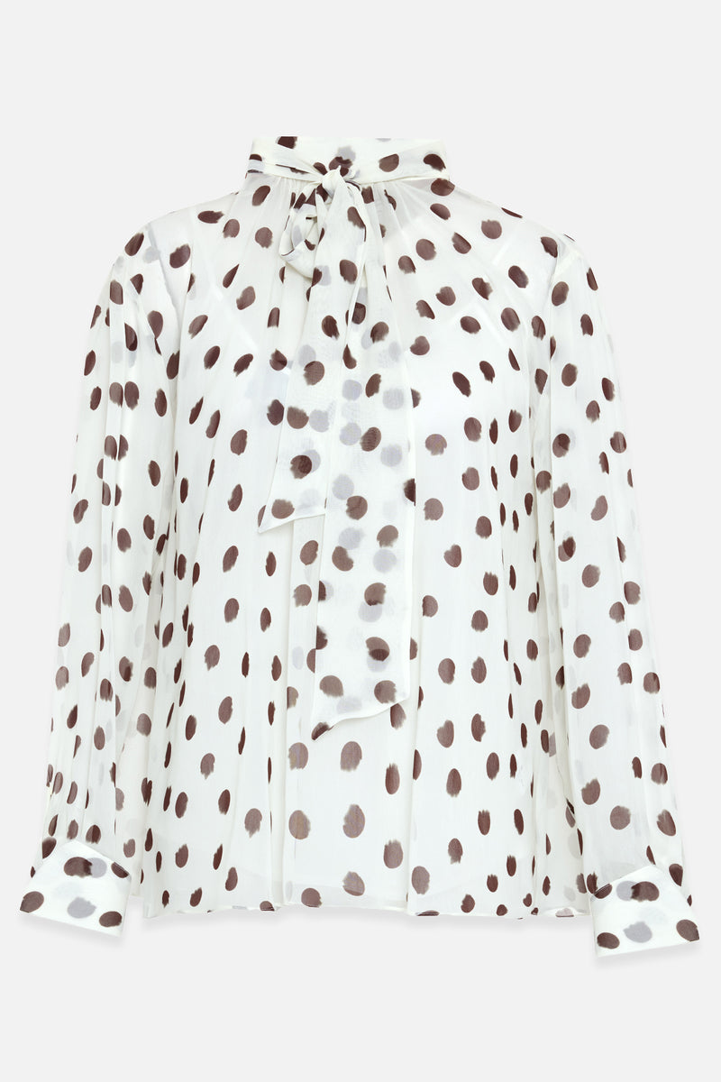 Setre Polka Dot Patterned Blouse With Collar Tie Detail Ecru-Brown