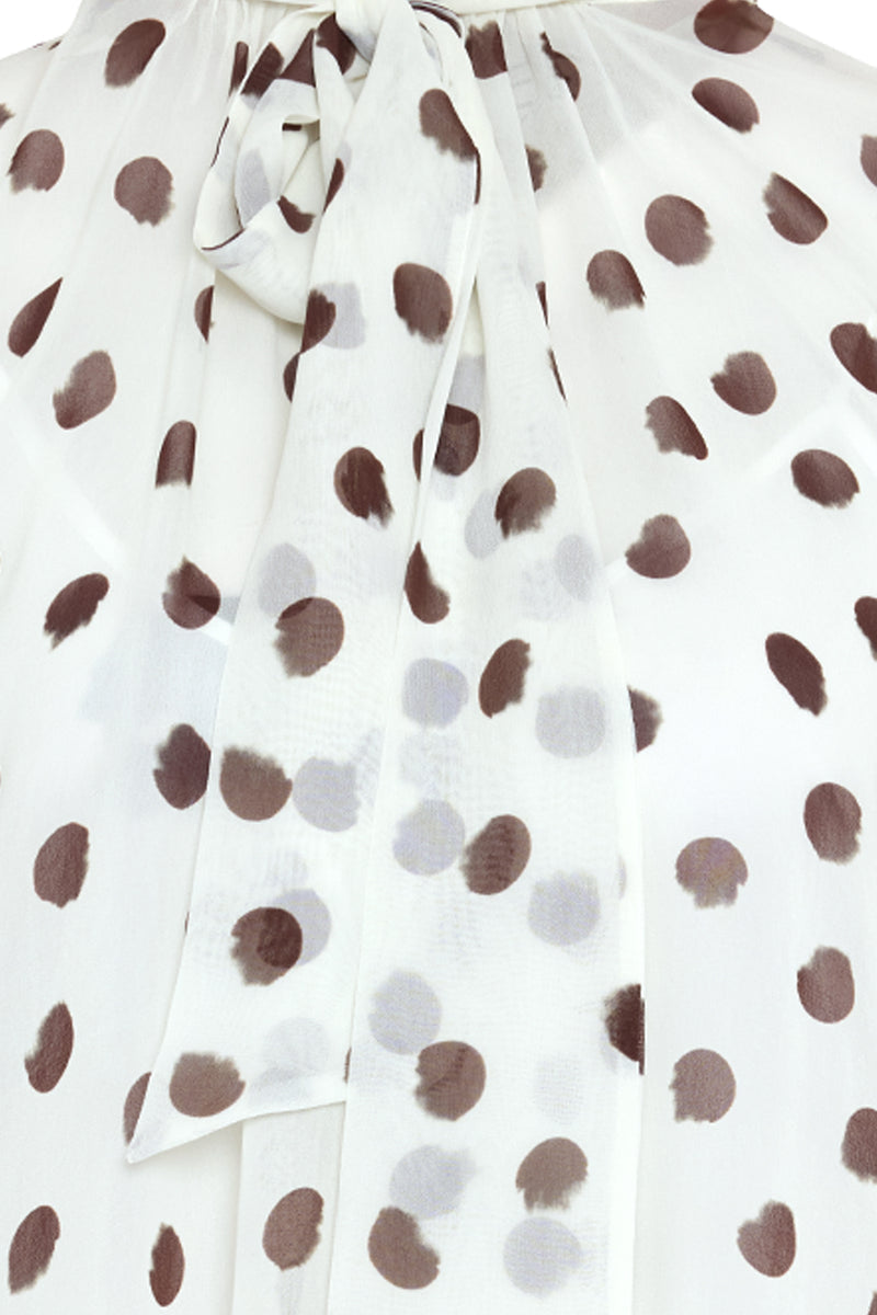 Setre Polka Dot Patterned Blouse With Collar Tie Detail Ecru-Brown