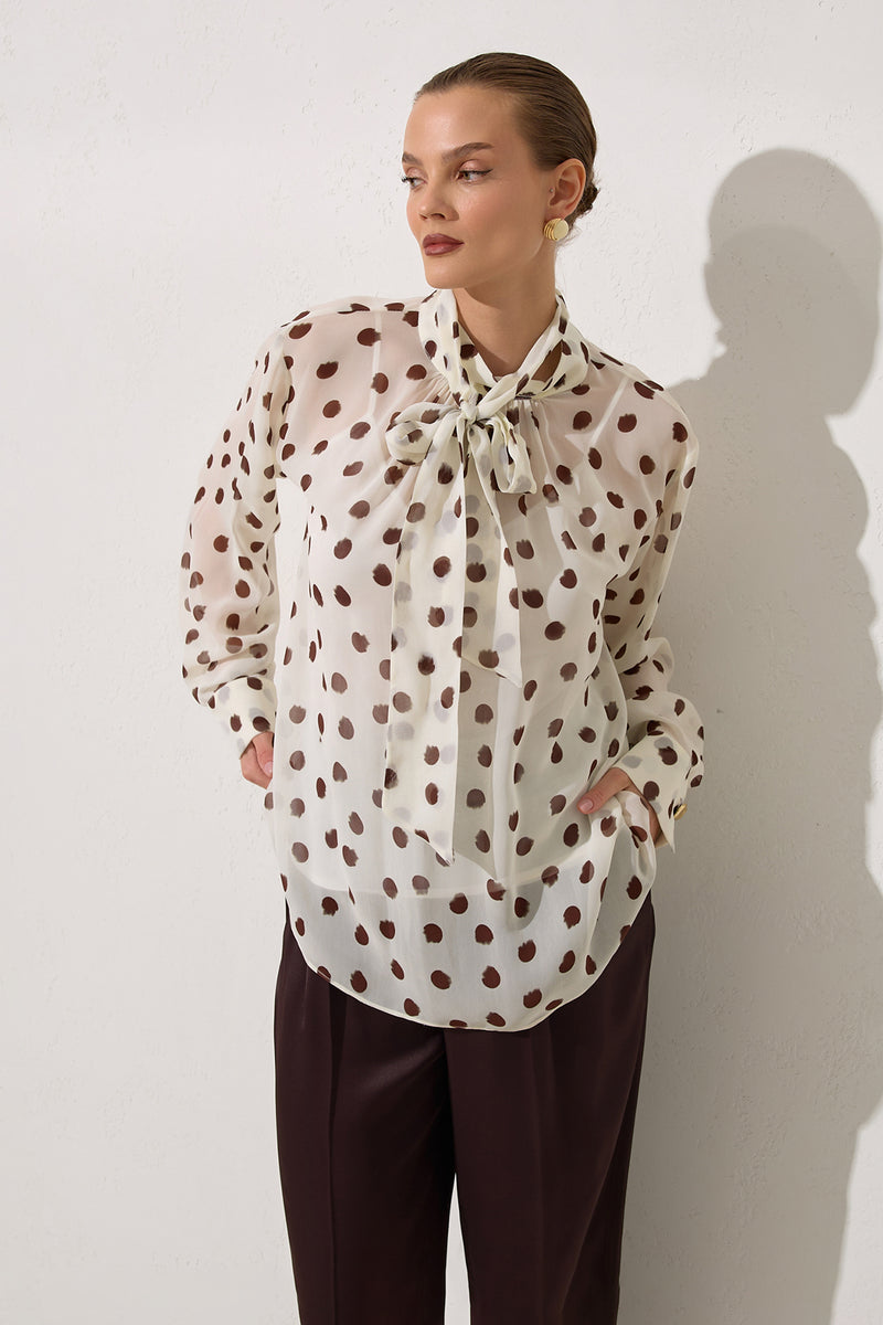 Setre Polka Dot Patterned Blouse With Collar Tie Detail Ecru-Brown