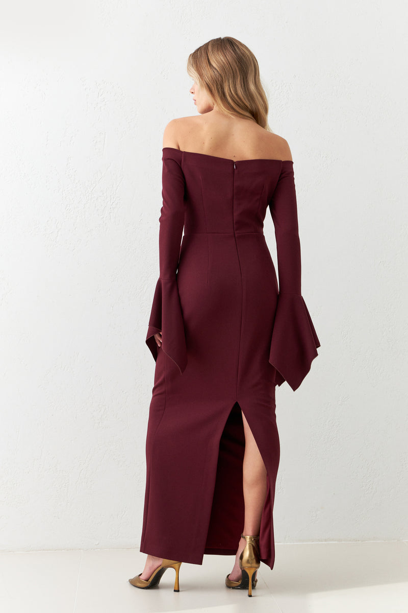 Setre Full Fit Midi Dress With Shoulder And Sleeve Detail Burgundy