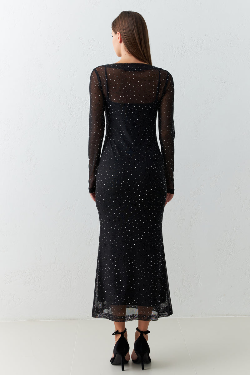 Setre Stone And Lining Detailed Midi Transparent Dress Black