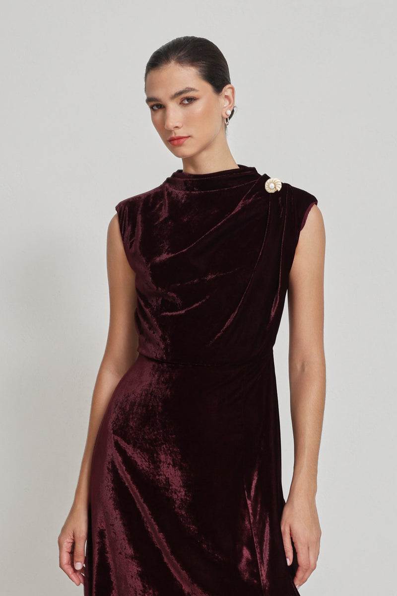 Setre Sleeveless Velvet Dress With Collar Detail Burgundy