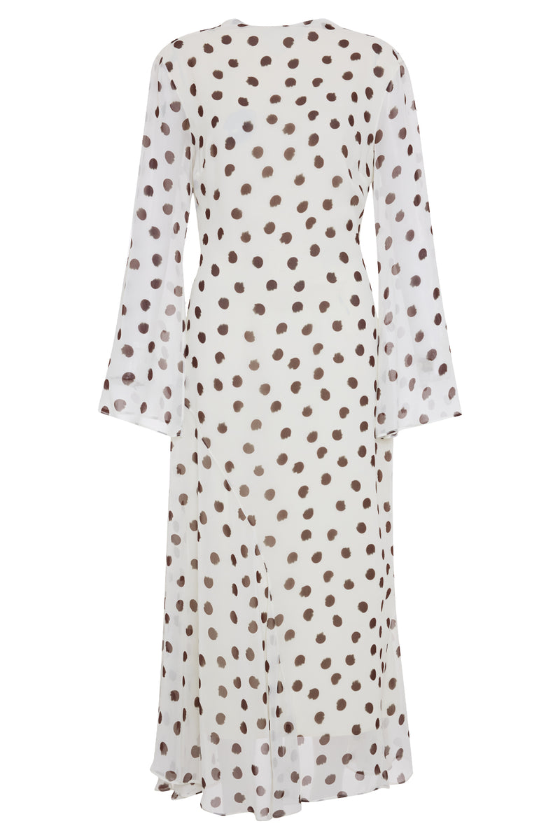 Setre Polka Dot Dress With Waist-Sleeved Collar And Sleeve Details Ecru-Brown