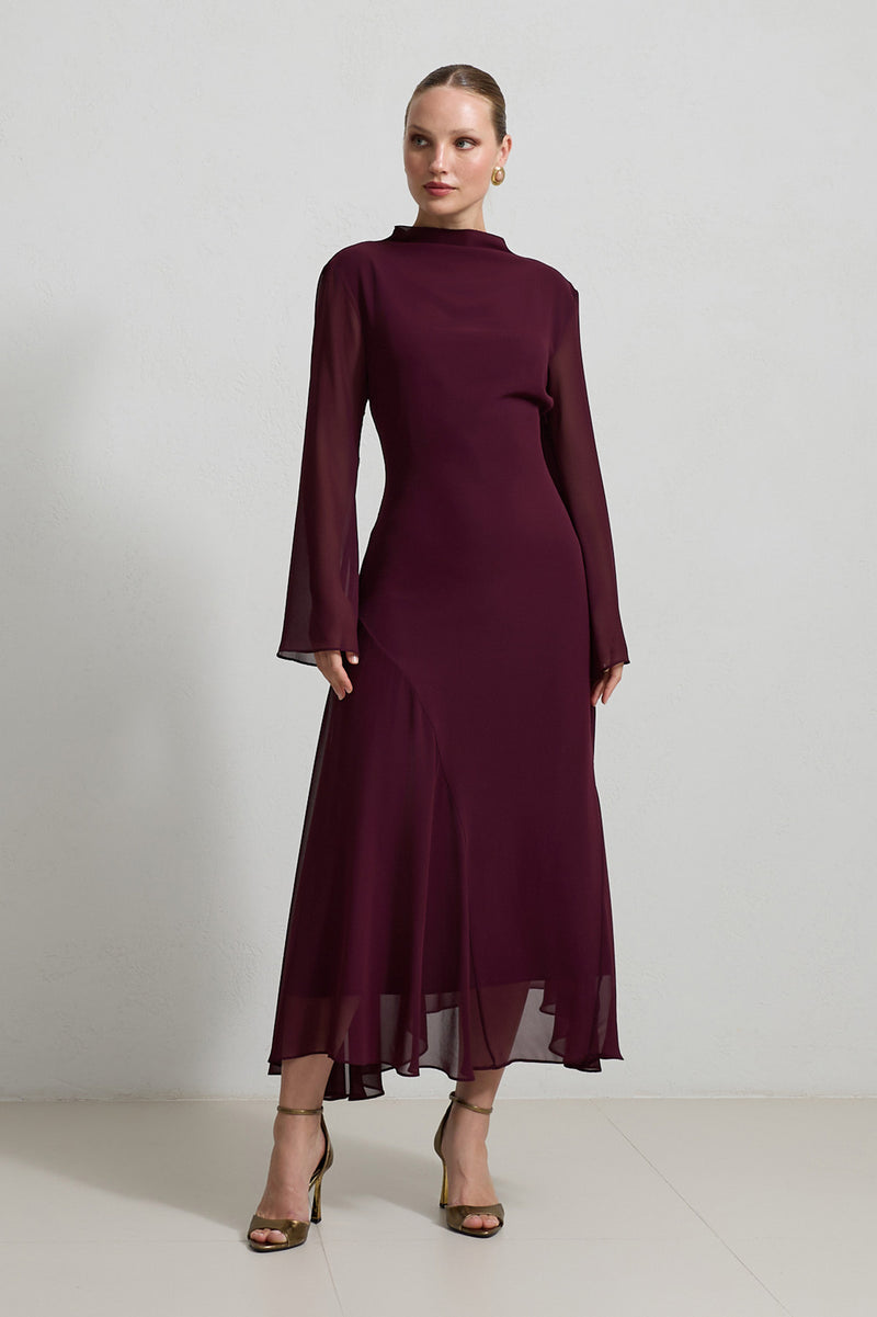 Setre Transparent Sleeve Solid Dress Cherry