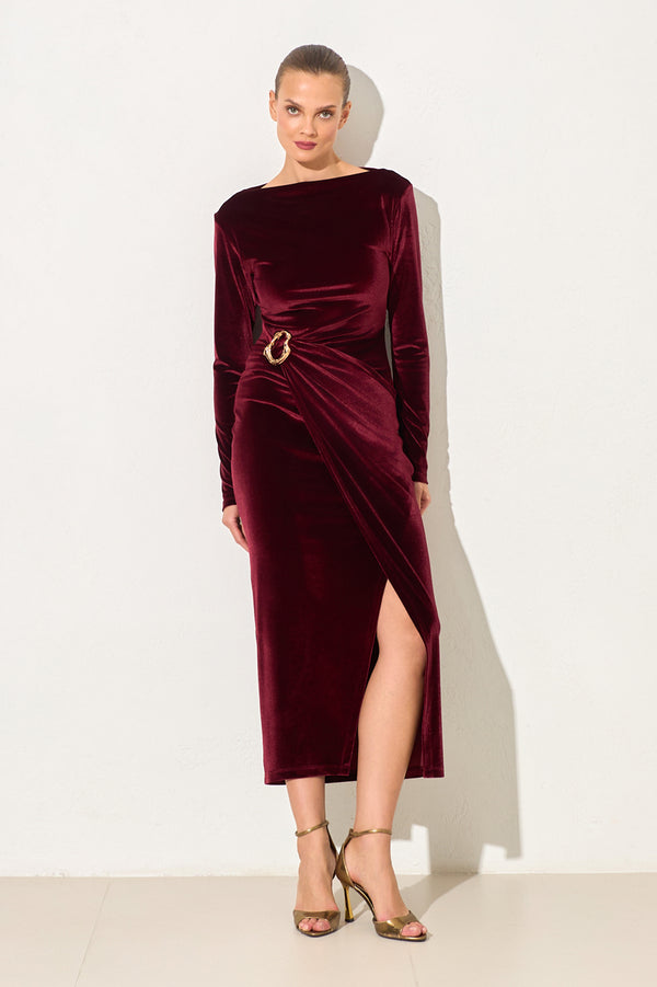 Setre Waist Accessory Detailed Velvet Midi Dress Burgundy
