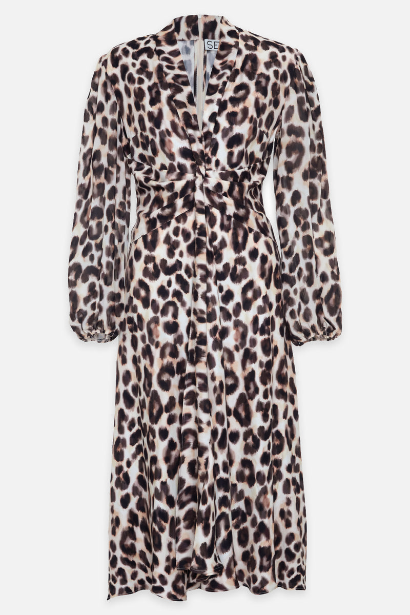 Setre Collar Detailed Leopard Print Dress Cream Multi