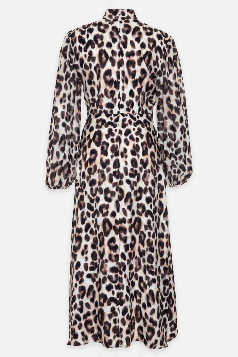 Setre Collar Detailed Leopard Print Dress Cream Multi