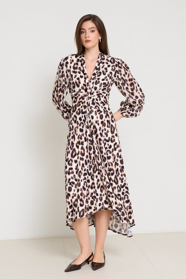 Setre Collar Detailed Leopard Print Dress Cream Multi