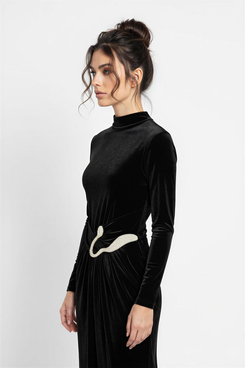 Setre Waist Accessory Detailed Velvet Dress Black