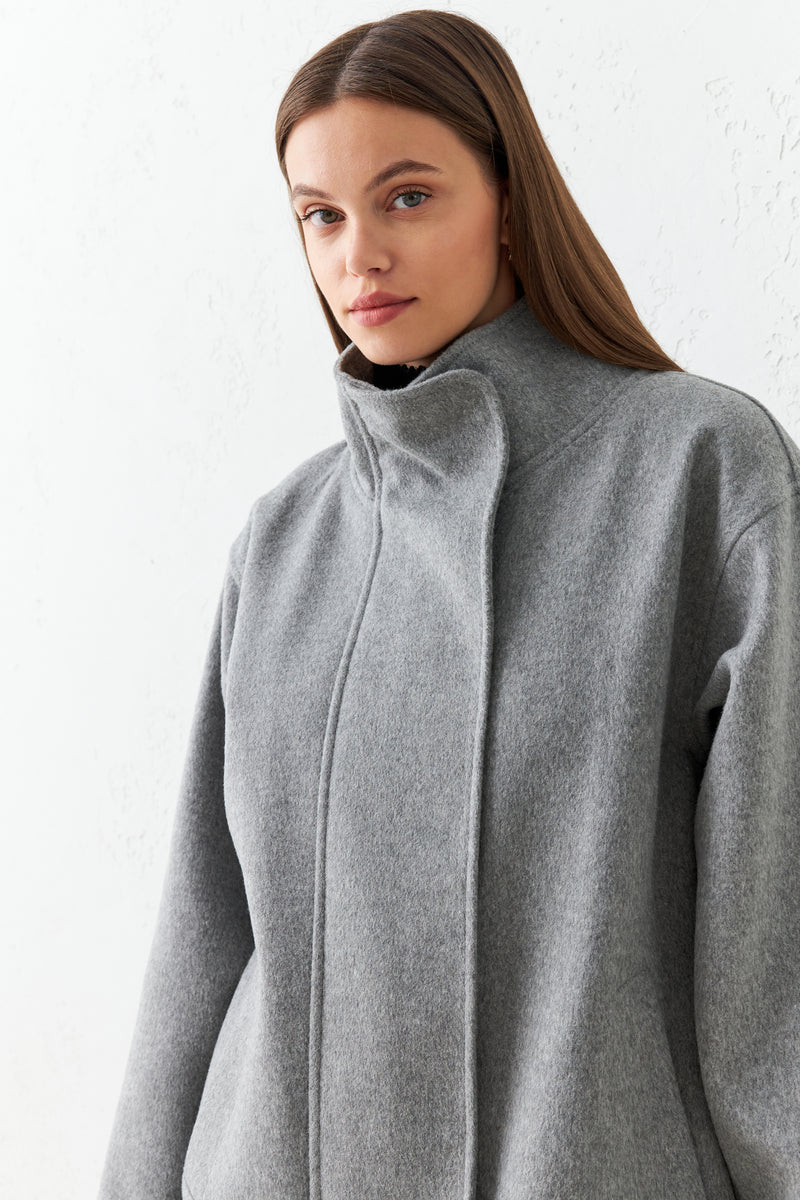 Setre Asymmetrical Neck Detailed Coat Grey