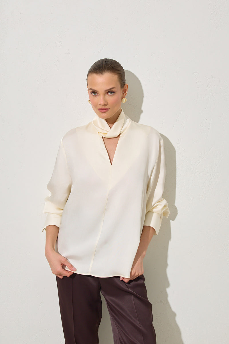 Setre V-Neck And Neck Detailed Relaxed Cut Blouse Cream