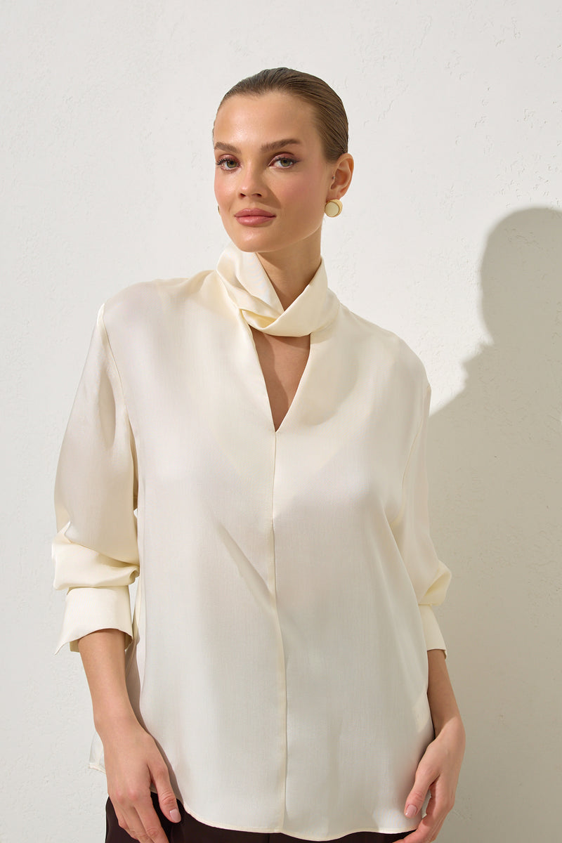 Setre V-Neck And Neck Detailed Relaxed Cut Blouse Cream
