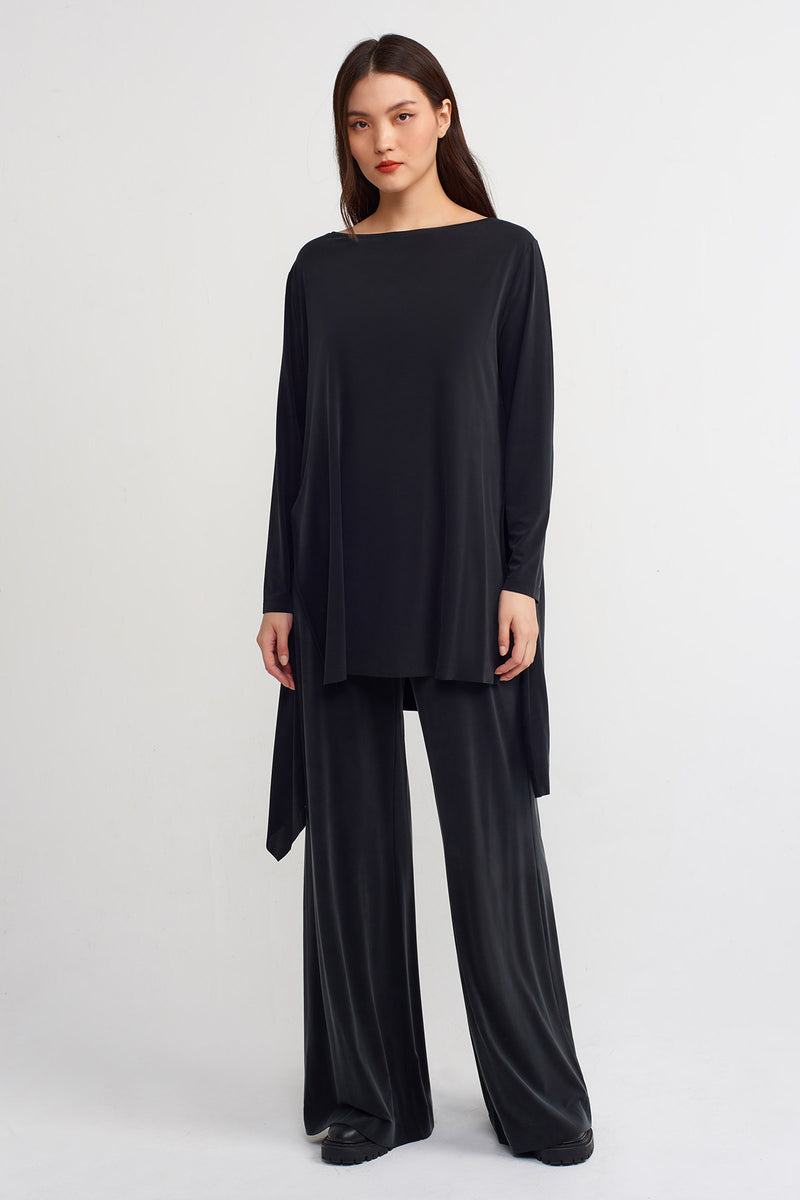 Nu Solid Asymmetric Long Blouse Black