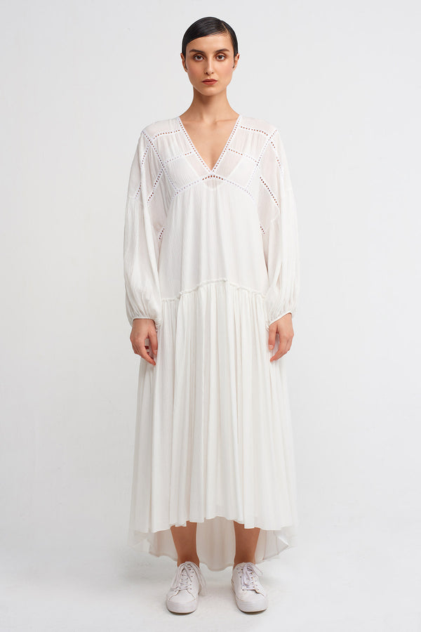 Nu V-Neck Crinkled Fabric Long Dress Off White