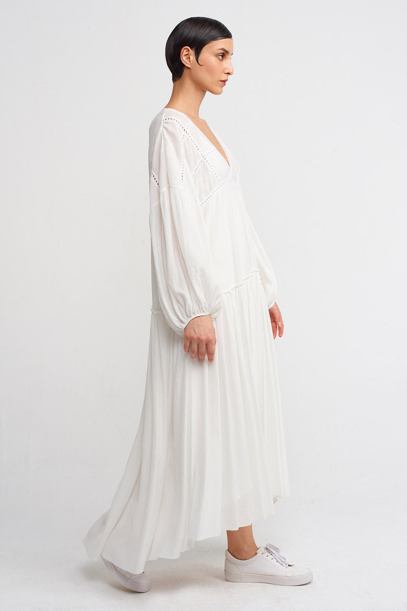 Nu V-Neck Crinkled Fabric Long Dress Off White