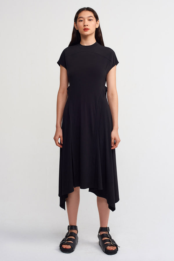 Nu Solid Asymmetrical Midi Dress Black