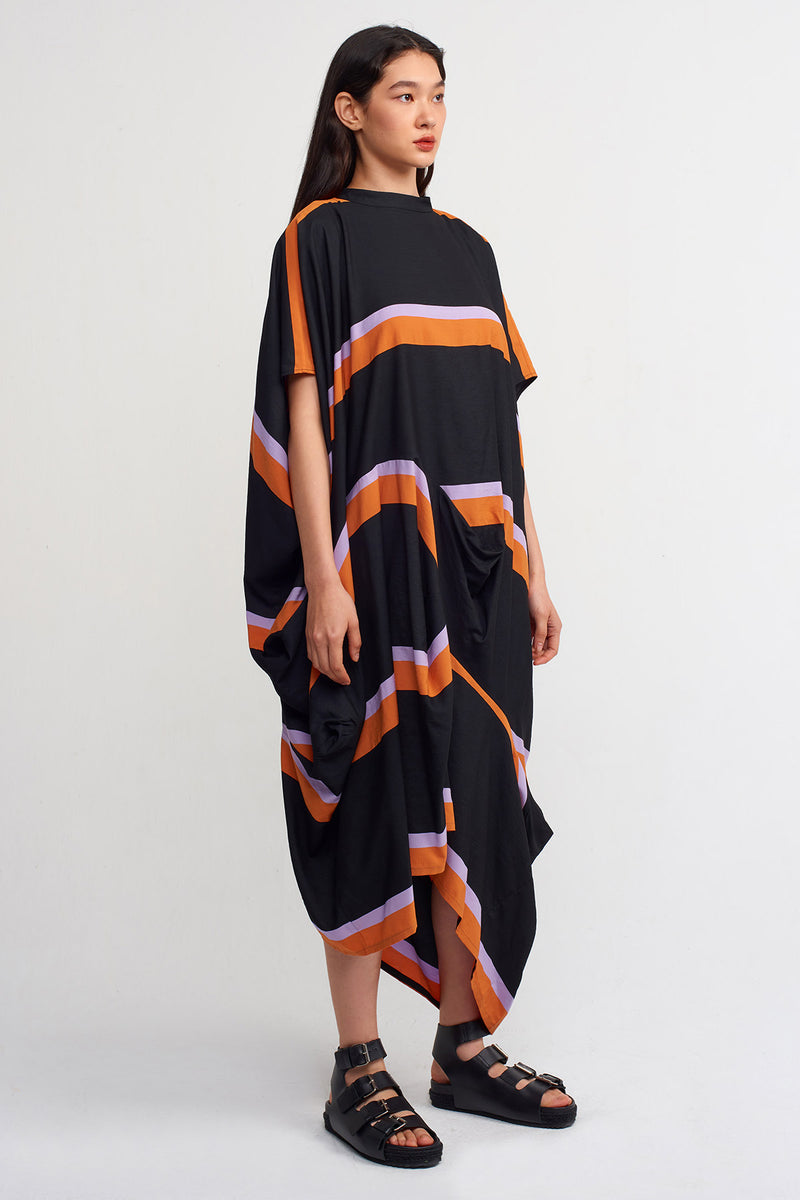 Nu Multi-Colored Striped Asymmetrical Dress Black/Orange