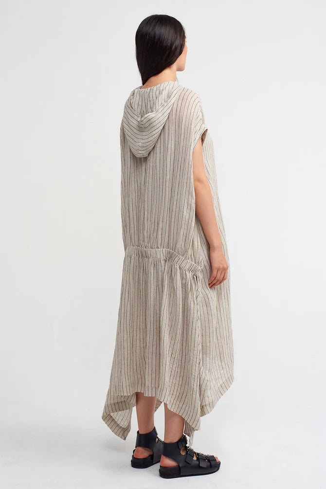 Nu Striped Hooded Asymmetrical Dress Light Grey