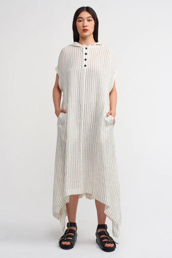 Nu Striped Hooded Asymmetrical Dress Natural