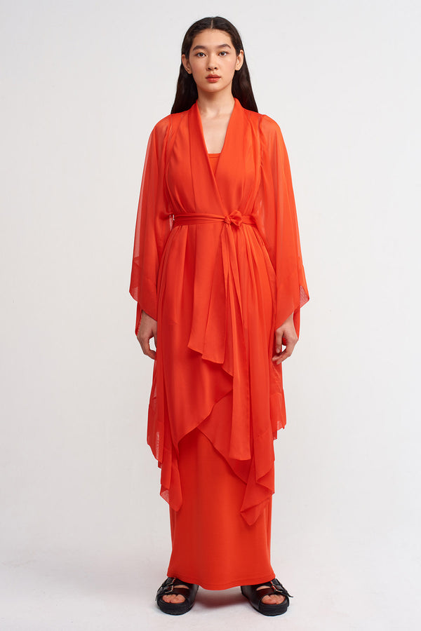 Nu Solid Chiffon Kimono Outerwear Orange