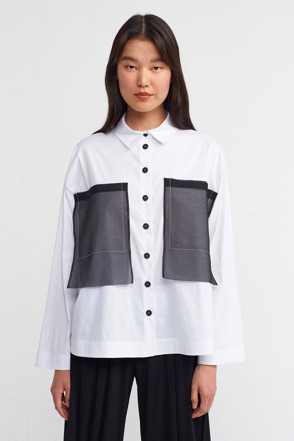 Nu Shirt With Large Organza Pocket Detail Off White/Black