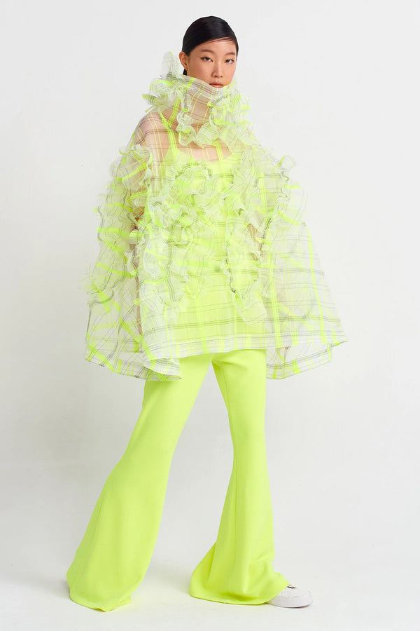 Nu Plaid Printed Organza Fluffy Blouse Green