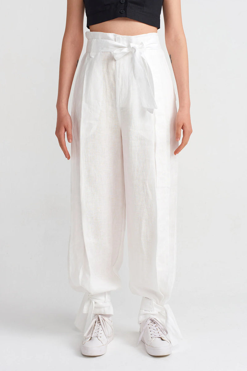 Nu Cuffed Tie Detail Linen Jogger Trouser Off White
