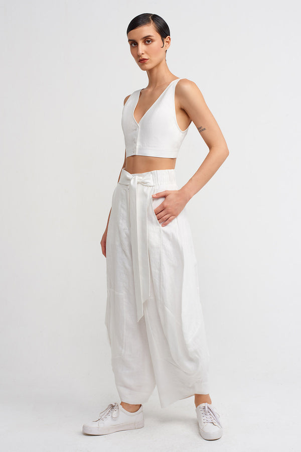 Nu High-Waisted Draped Linen Trousers Off White