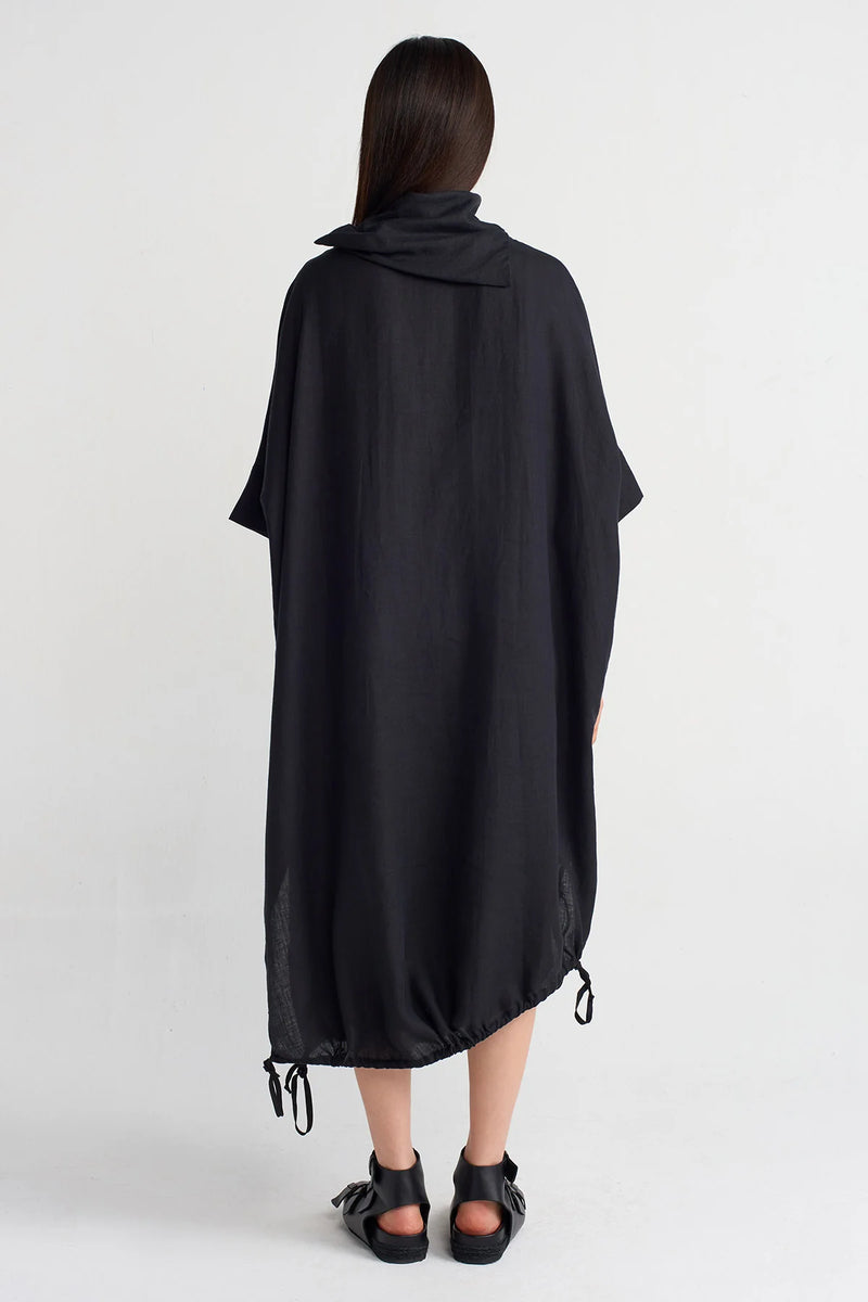 Nu Drawstring Hem Midi Linen Dress Black